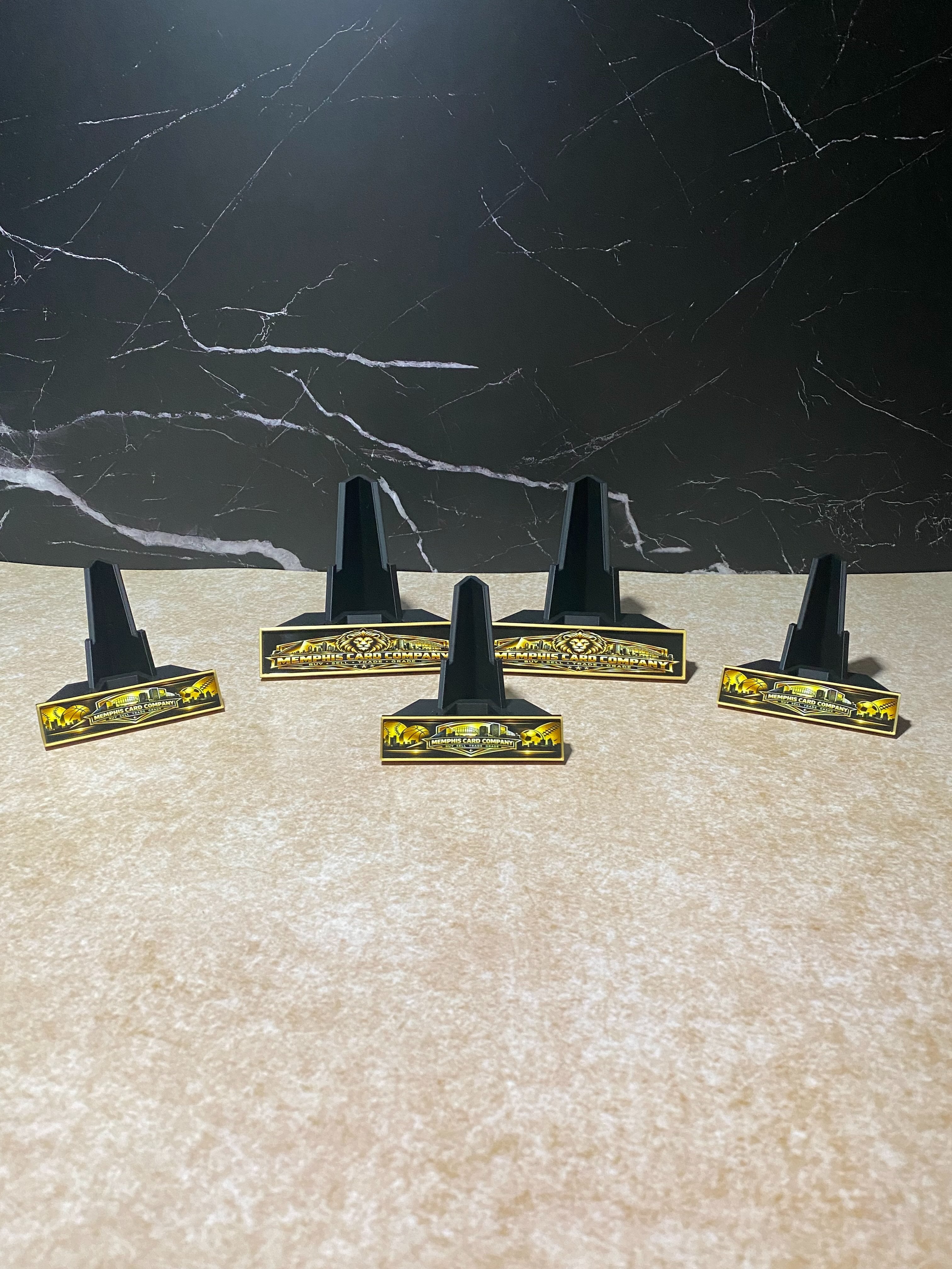 Memphis Card Company custom black and gold stands, in Pro and Pro-Mini sizes